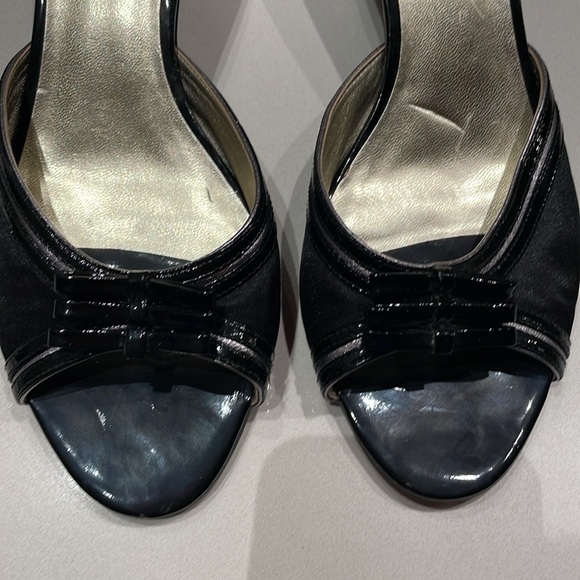 Franco Sarto Sally Kitten Heeled Mules. Black Patent Ribbon Bow, Size 8M - Picture 4 of 8